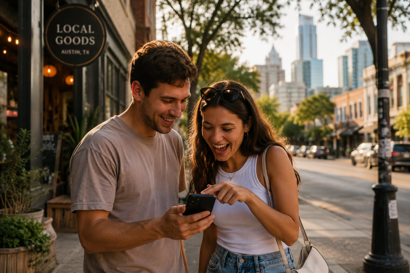 A couple laughing as they follow a Cryptic Quests adventure on a phone in downtown Austin