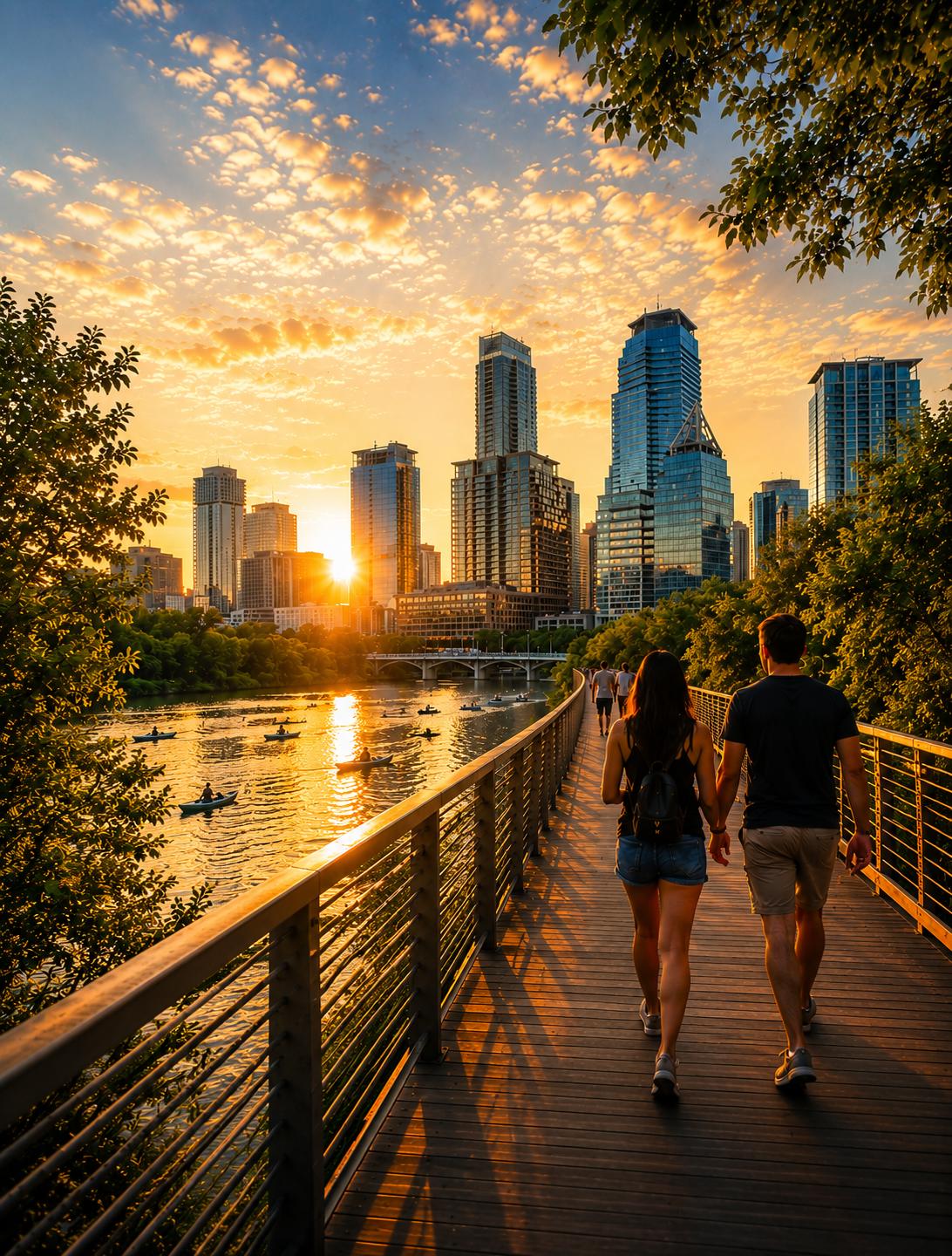 A couple walking the Lady Bird Lake boardwalk at golden hour, Austin skyline in the background