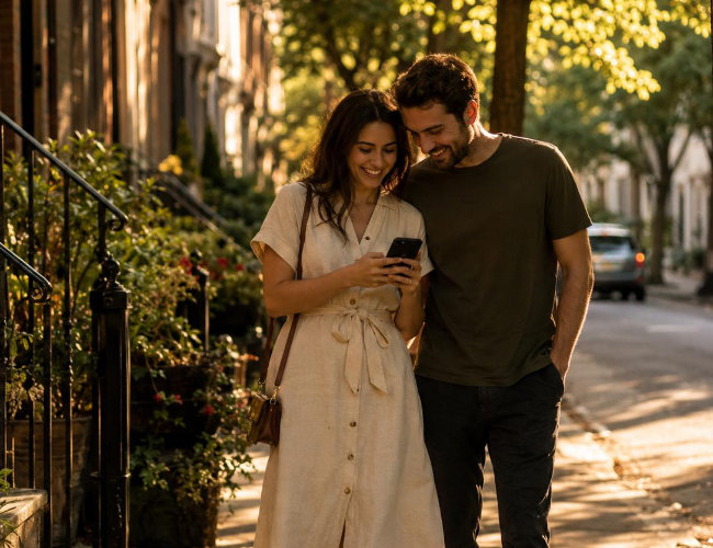 A person smiling while looking at their phone on a quiet tree-lined street