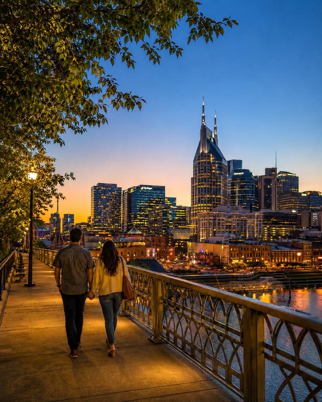 A couple walking the John Seigenthaler pedestrian bridge at blue hour, downtown Nashville skyline glowing in the background